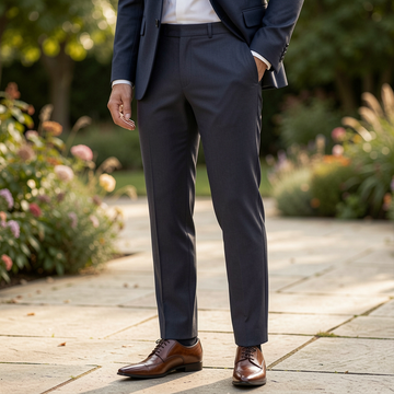 Modern tailored trousers styled in a luxury menswear fashion campaign.